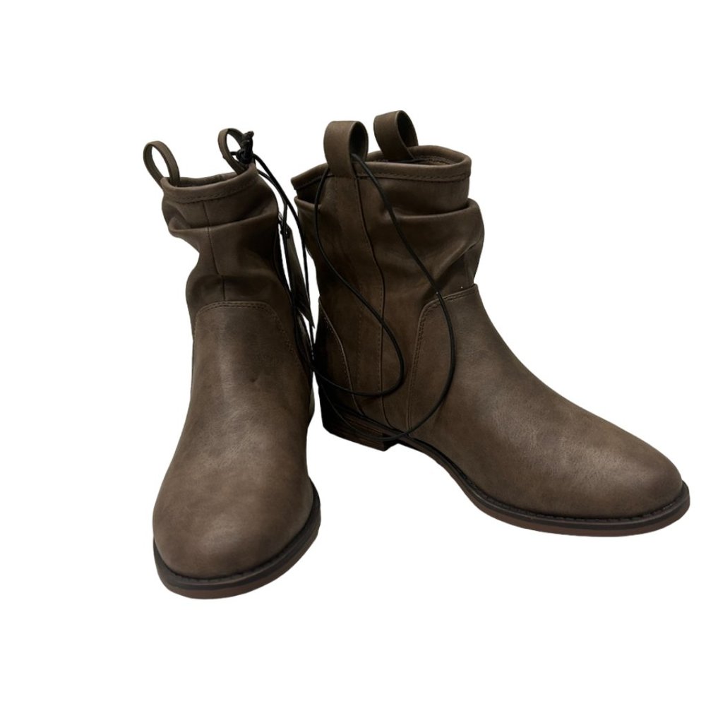 George Taupe Leather Boots Shoes Ladies Rouched Over Ankle Warm, FLAT, SLIP-ON